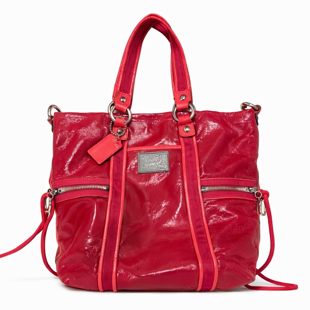 Coach ($450) Red Patent Leather Tote Bag Zip Pocket Satchel Shoulder Bag